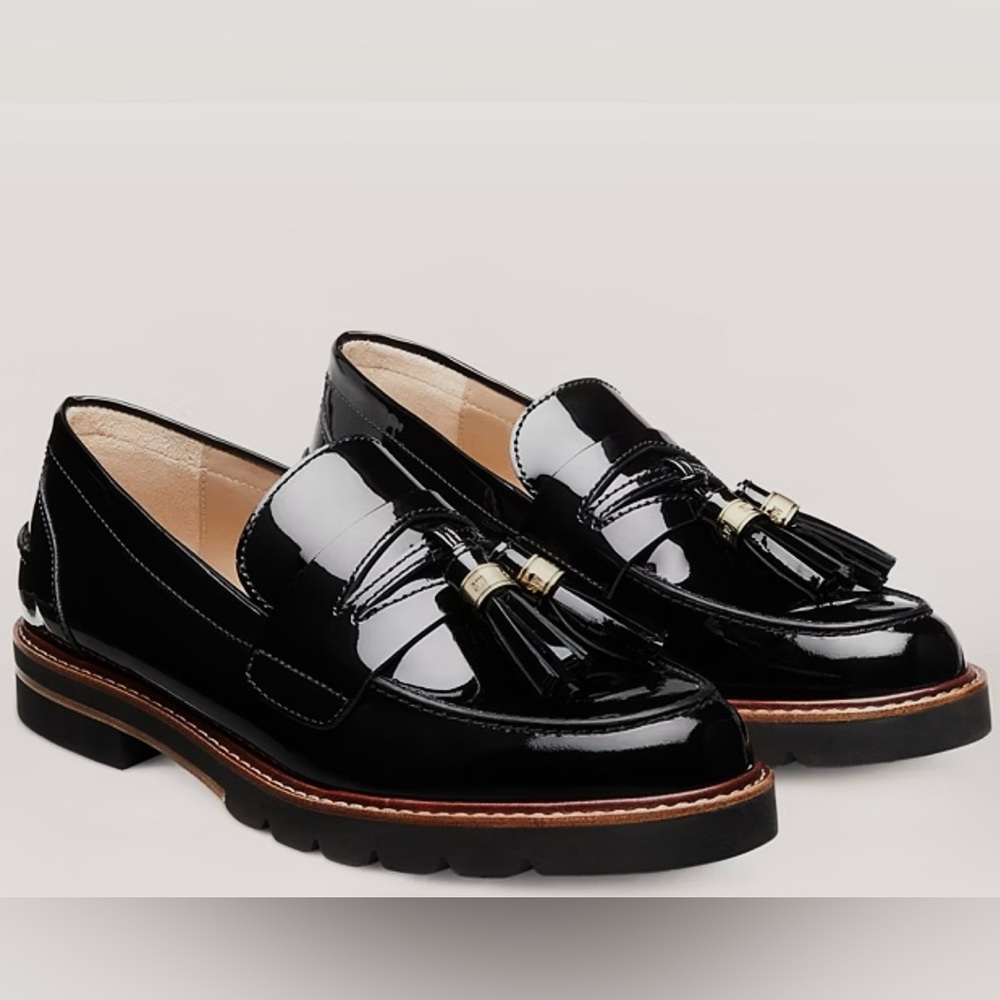 Stuart Weitzman Black Patent Leather Tassel Loafers